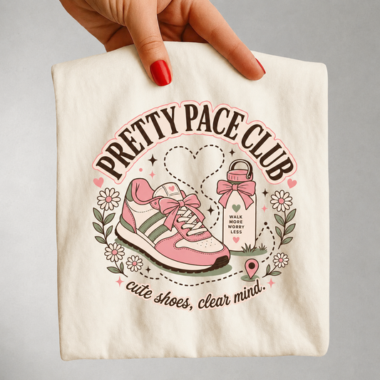 Pretty Pace Club Tee — "Cute Shoes, Clear Mind" Graphic T-Shirt