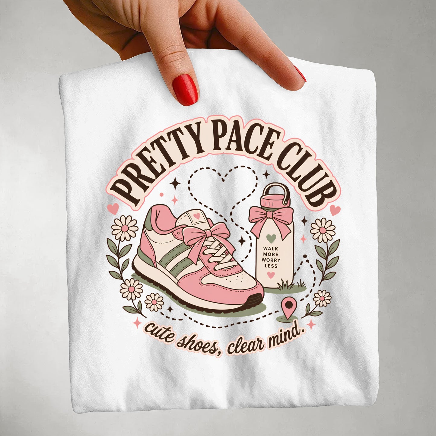 Pretty Pace Club Tee — "Cute Shoes, Clear Mind" Graphic T-Shirt