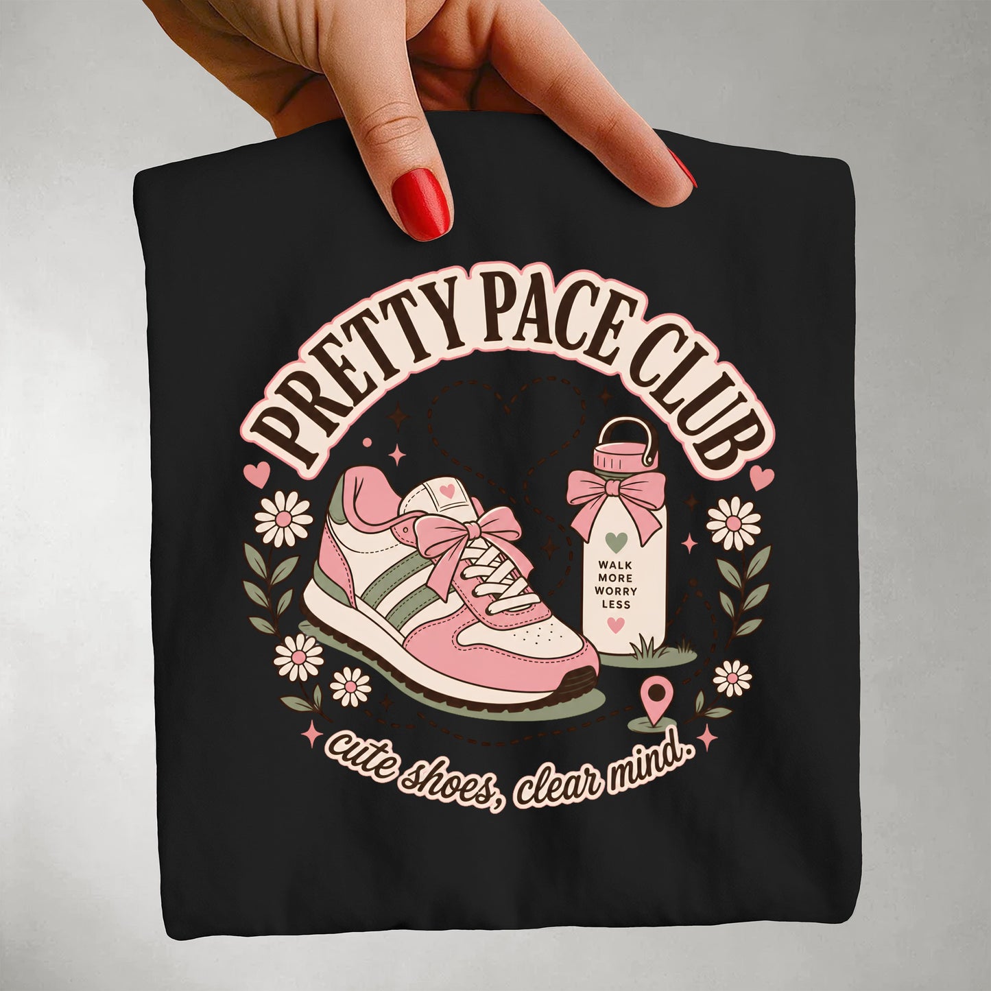 Pretty Pace Club Tee — "Cute Shoes, Clear Mind" Graphic T-Shirt